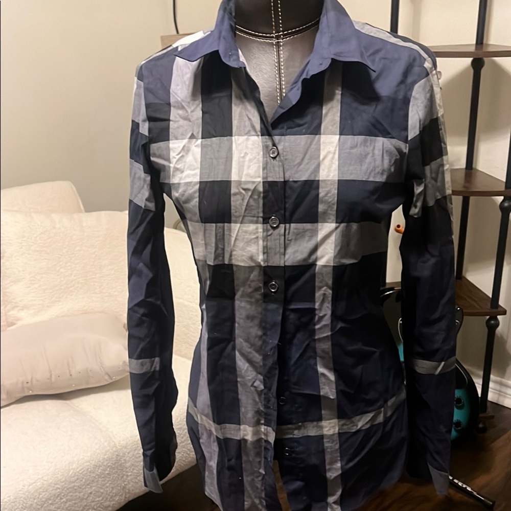 Burberry Navy and Gray Plaid Button Down Shirt